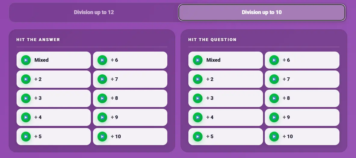 division facts up to 10